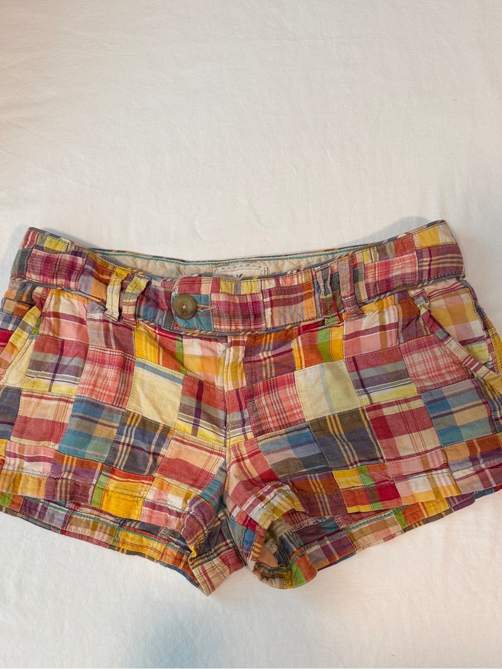 Vintage AEO Multicolor Madras Plaid Patchwork Cotton Shorts 8 Y2K